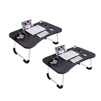 2X Black Portable Bed Table Adjustable Foldable Bed Sofa Study Table Laptop Mini Desk with Notebook Stand Cup Slot Home Decor image