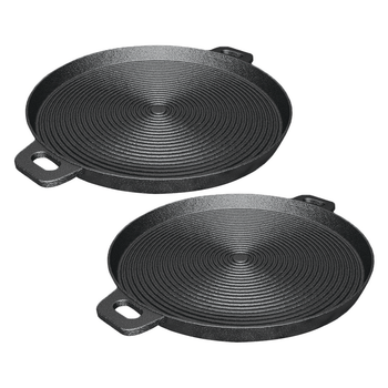 2X 35cm Round Ribbed Cast Iron Frying Pan Skillet Steak Sizzle Platter with Handle image