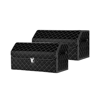 2X Leather Car Boot Collapsible Foldable Trunk Cargo Organizer Portable Storage Box Black/White Stitch with Lock Medium image