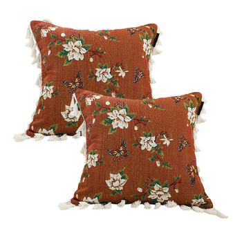 2X 45cm French Vintage Butterfly and Flower Tassel with Caramel Color Throw Pillow image