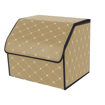 Leather Car Boot Collapsible Foldable Trunk Cargo Organizer Portable Storage Box Beige/Gold Stitch Small image