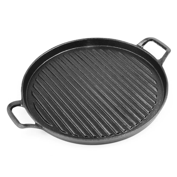 28cm Ribbed Cast Iron Frying Pan Skillet Coating Steak Sizzle Platter image