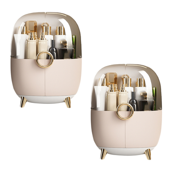 2X Pink Transparent Countertop Makeup Organiser Cosmetic Storage Waterproof Dustproof Bathroom Skincare Holder with Lid image