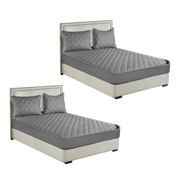 2X Grey 183cm Wide Cross-Hatch Mattress Cover Thick Quilted Stretchable Bed Spread Sheet Protector with Pillow Covers image