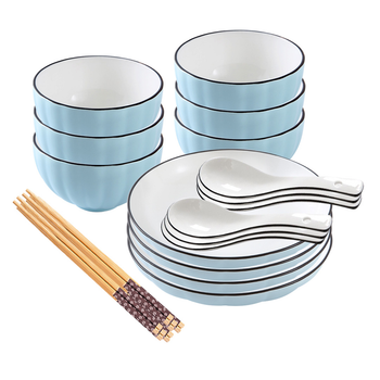 Blue Japanese Style Ceramic Dinnerware Crockery Soup Bowl Plate Server Kitchen Home Decor Set of 10 image