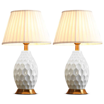 2X Textured Ceramic Oval Table Lamp with Gold Metal Base White image
