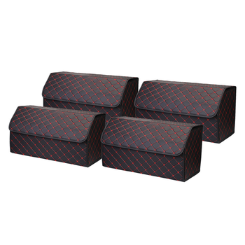 4X Leather Car Boot Collapsible Foldable Trunk Cargo Organizer Portable Storage Box Black/Red Stitch Large image