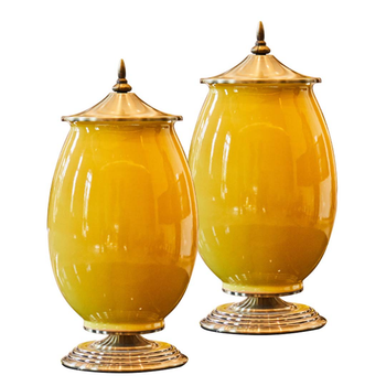 2X 40cm Ceramic Oval Flower Vase with Gold Metal Base Yellow image