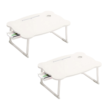 2X White Portable Bed Table Adjustable Folding Mini Desk With Mini Drawer and Cup-Holder Home Decor image