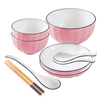 Pink Japanese Style Ceramic Dinnerware Crockery Soup Bowl Plate Server Kitchen Home Decor Set of 5 image