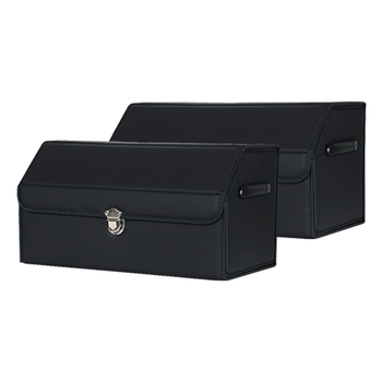 2X Leather Car Boot Collapsible Foldable Trunk Cargo Organizer Portable Storage Box With Lock Black Medium image