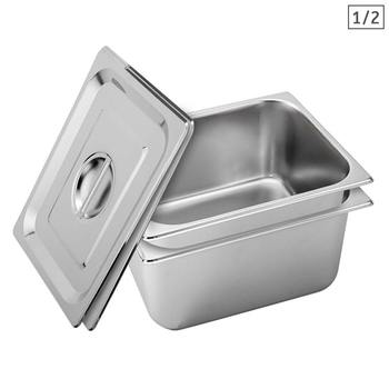 2X Gastronorm GN Pan Full Size 1/2 GN Pan 20cm Deep Stainless Steel Tray With Lid image