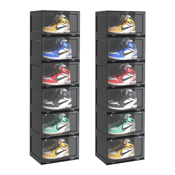 2X 6 Tier Black Portable Shoe Organiser Sneaker Footwear Folding Plastic Bin Stackable Storage Box with Magnetic Door image