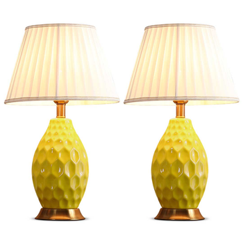 2X Textured Ceramic Oval Table Lamp with Gold Metal Base Yellow image