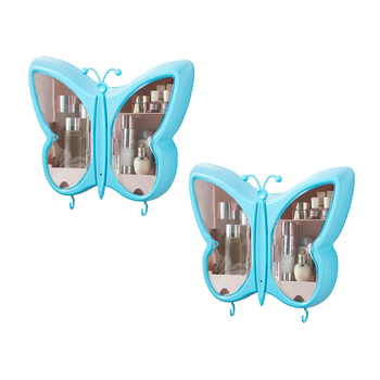 2X Blue Butterfly Shape Wall-Mounted Makeup Organiser Dustproof Waterproof Bathroom Storage Box Home Decor image