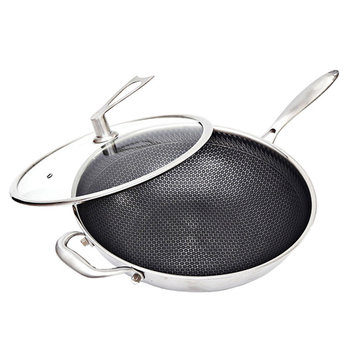 34cm Stainless Steel Tri-Ply Frying Cooking Fry Pan Textured Non Stick Skillet with Glass Lid and Helper Handle image