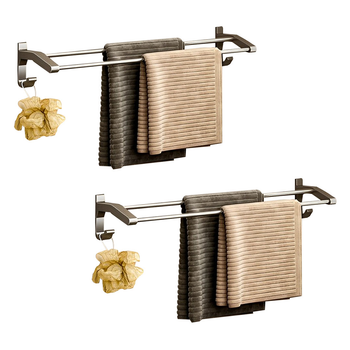 2X 62cm Gray Wall-Mounted Double Pole Towel Holder Bathroom Organiser Rail Hanger with Hooks image