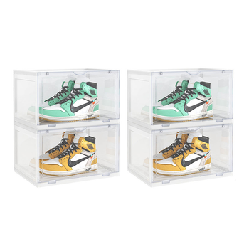 2X 2 Tier Transparent Portable Shoe Organiser Sneaker Footwear Folding Plastic Bin Stackable Storage Box with Magnetic Door image