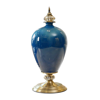 42.50cm Ceramic Oval Flower Vase with Gold Metal Base Dark Blue image
