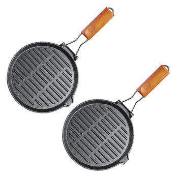 2X 24cm Round Ribbed Cast Iron Steak Frying Grill Skillet Pan with Folding Wooden Handle image