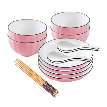 Pink Japanese Style Ceramic Dinnerware Crockery Soup Bowl Plate Server Kitchen Home Decor Set of 8 image