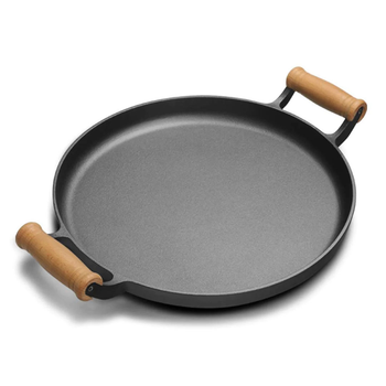 31cm Cast Iron Frying Pan Skillet Steak Sizzle Fry Platter With Wooden Handle No Lid image