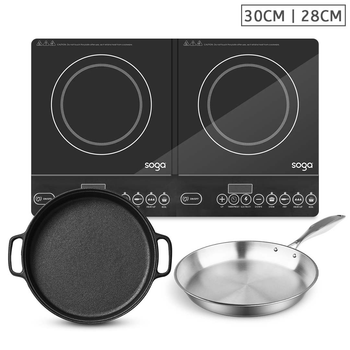Dual Burners Cooktop Stove, 30cm Cast Iron Frying Pan Skillet and 28cm Induction Fry Pan image
