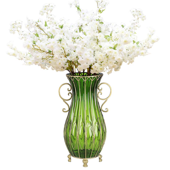 51cm Green Glass Tall Floor Vase and 10pcs White Artificial Fake Flower Set image