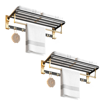 2X 63cm Wall-Mounted Double Pole Towel Holder Bathroom Organiser Rail Hanger with Hooks image