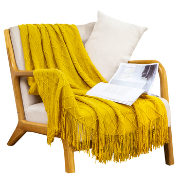 Yellow Diamond Pattern Knitted Throw Blanket Warm Cozy Woven Cover Couch Bed Sofa Home Decor with Tassels image