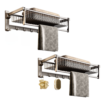 2X 61cm Gray Wall-Mounted Double Pole Towel Holder Bathroom Organiser Rail Hanger with Hooks image
