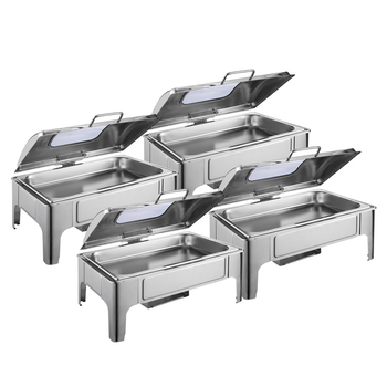 4X 9L Rectangular Stainless Steel Soup Warmer Roll Top Chafer Chafing Dish Set with Glass Visual Window Lid image