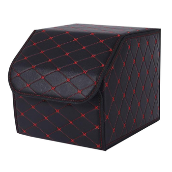 Leather Car Boot Collapsible Foldable Trunk Cargo Organizer Portable Storage Box Black/Red Stitch Small image