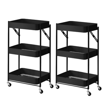 2X 3 Tier Steel Black Foldable Kitchen Cart Multi-Functional Shelves Portable Storage Organizer with Wheels image