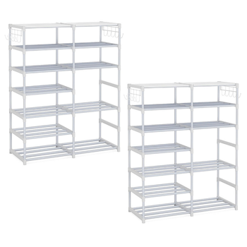 2X 12-Shelf Tier Shoe Storage Shelf Space-Saving Caddy Rack Organiser with Side Hooks White image