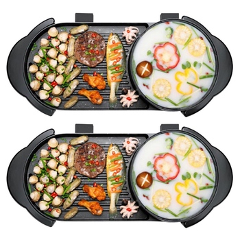 2X 2 in 1 Electric Non-Stick BBQ Teppanyaki Grill Plate Steamboat Hotpot 2-8 Person image