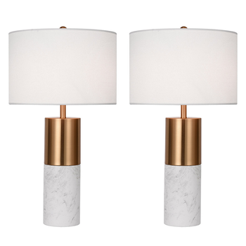 2X 60cm White Marble Bedside Modern Desk Table Lamp Living Room Shade with Cylinder Base image