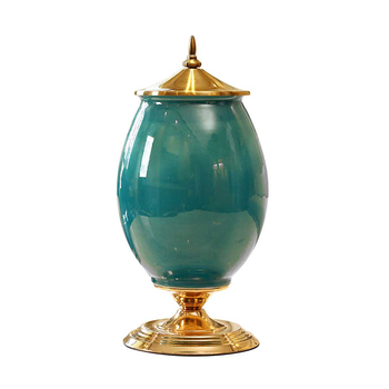 40.5cm Ceramic Oval Flower Vase with Gold Metal Base Green image
