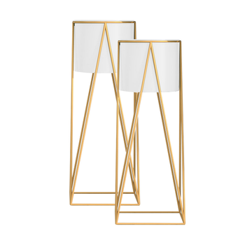 2X 50cm Gold Metal Plant Stand with White Flower Pot Holder Corner Shelving Rack Indoor Display image