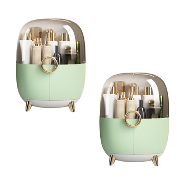 2X Green Transparent Countertop Makeup Organiser Cosmetic Storage Waterproof Dustproof Bathroom Skincare Holder with Lid image