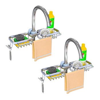 2X Silver Kitchen Sink Organiser Faucet Soap Sponge Caddy Rack Drainer with Towel Bar Holder image