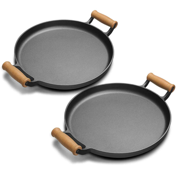 2X 31cm Cast Iron Frying Pan Skillet Steak Sizzle Fry Platter With Wooden Handle No Lid image