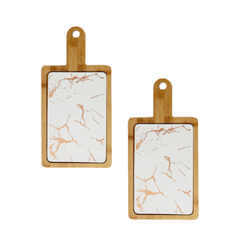 2X 33.5cm White Square Wooden Serving Tray Slate Steak Serving Platter Chopping Board Paddle Home Decor image