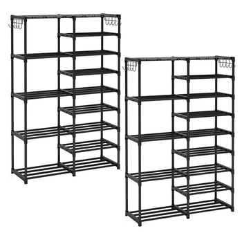 2X 16-Shelf Tier Shoe Storage Shelf Space-Saving Caddy Rack Organiser with Side Hooks Black image