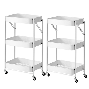 2X 3 Tier Steel White Foldable Kitchen Cart Multi-Functional Shelves Portable Storage Organizer with Wheels image