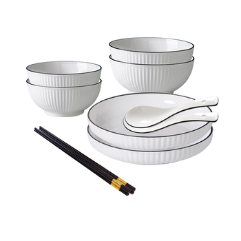 White Japanese Style Ceramic Dinnerware Crockery Soup Bowl Plate Server Kitchen Home Decor Set of 6 image
