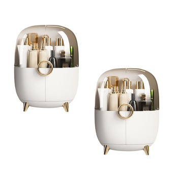 2X White Transparent Countertop Makeup Organiser Cosmetic Storage Waterproof Dustproof Bathroom Skincare Holder with Lid image
