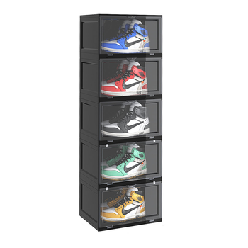 5 Tier Black Portable Shoe Organiser Sneaker Footwear Folding Plastic Bin Stackable Storage Box with Magnetic Door image