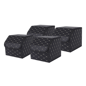 4X Leather Car Boot Collapsible Foldable Trunk Cargo Organizer Portable Storage Box Black/Gold Stitch Small image