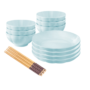 Light Blue Japanese Style Ceramic Dinnerware Crockery Soup Bowl Plate Server Kitchen Home Decor Set of 10 image